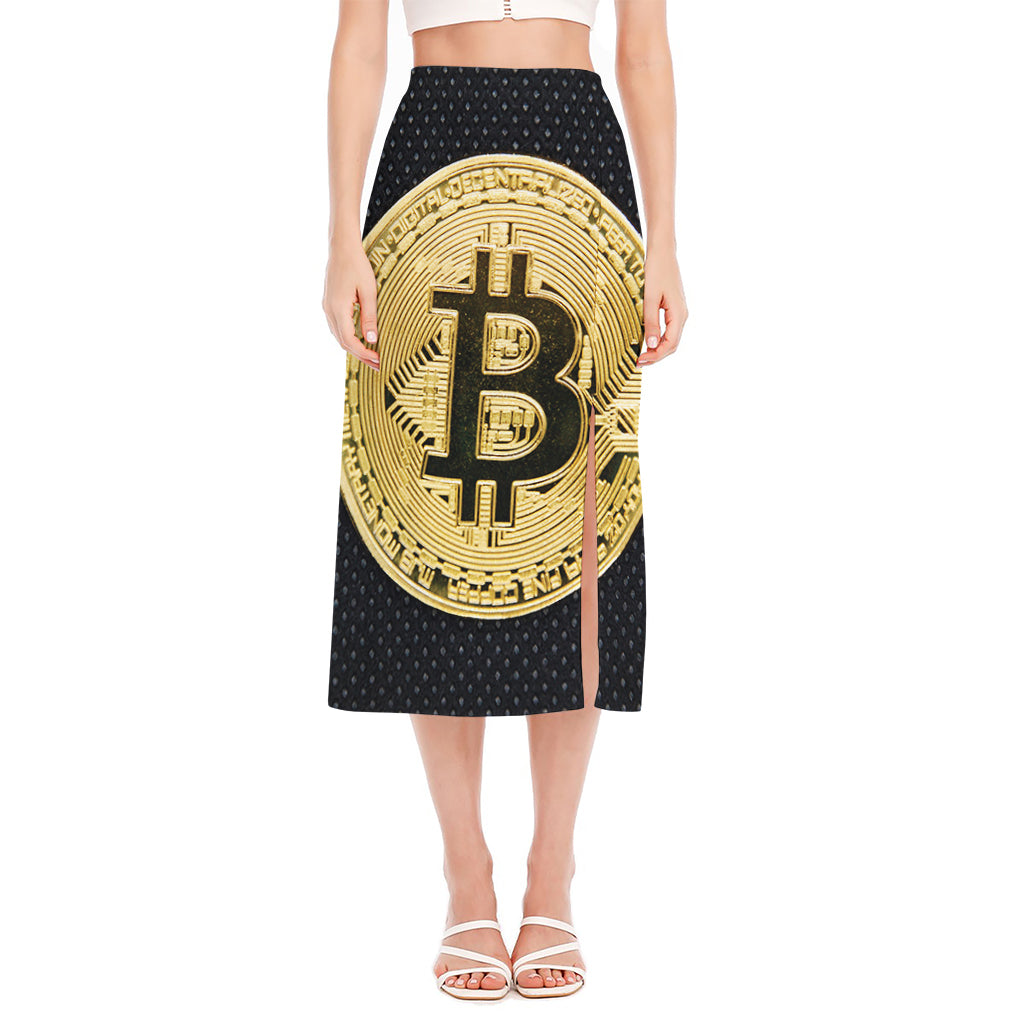 Gold Bitcoin Symbol Print Side Slit Midi Skirt