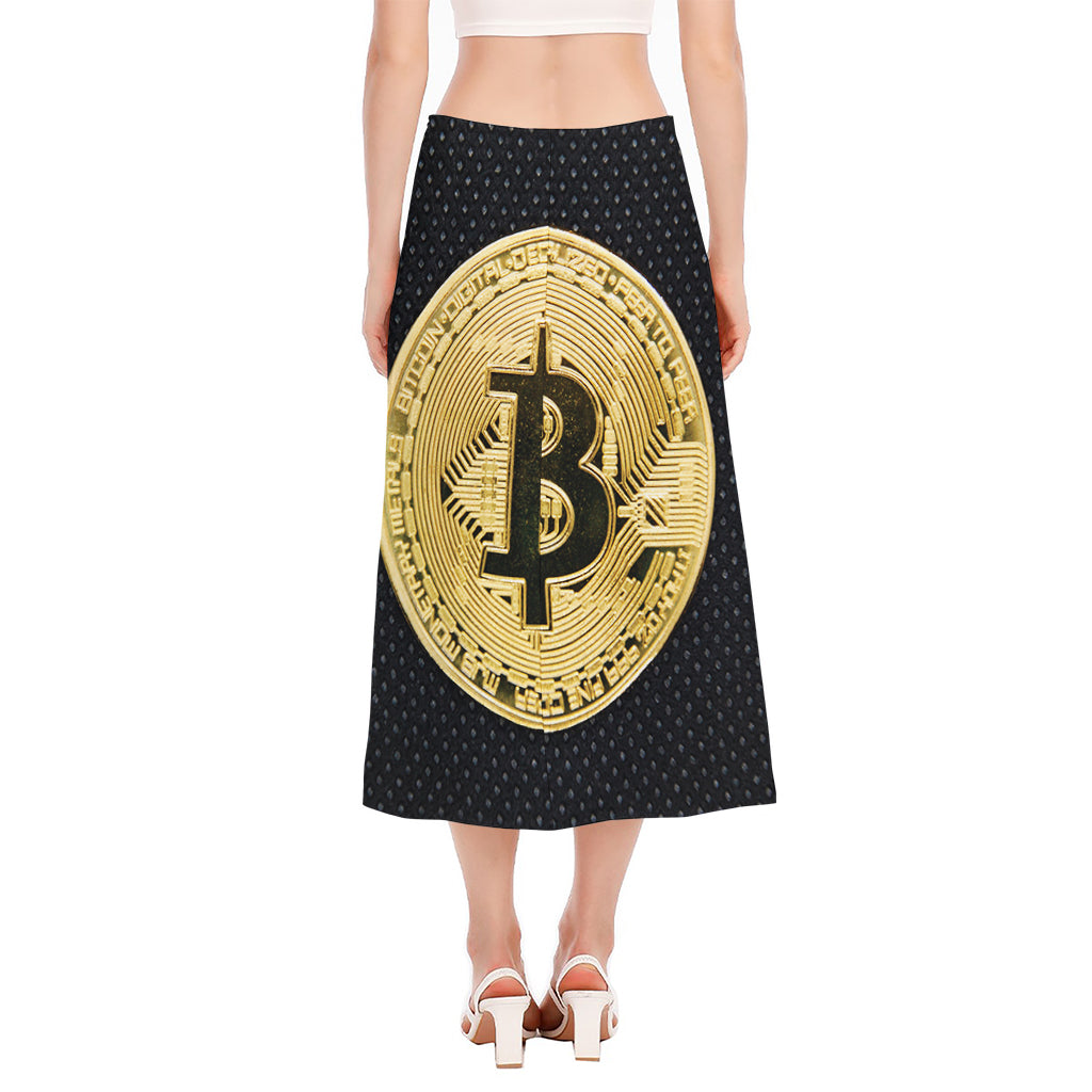 Gold Bitcoin Symbol Print Side Slit Midi Skirt