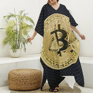 Gold Bitcoin Symbol Print Silk V-Neck Kaftan Dress