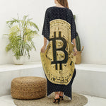 Gold Bitcoin Symbol Print Silk V-Neck Kaftan Dress