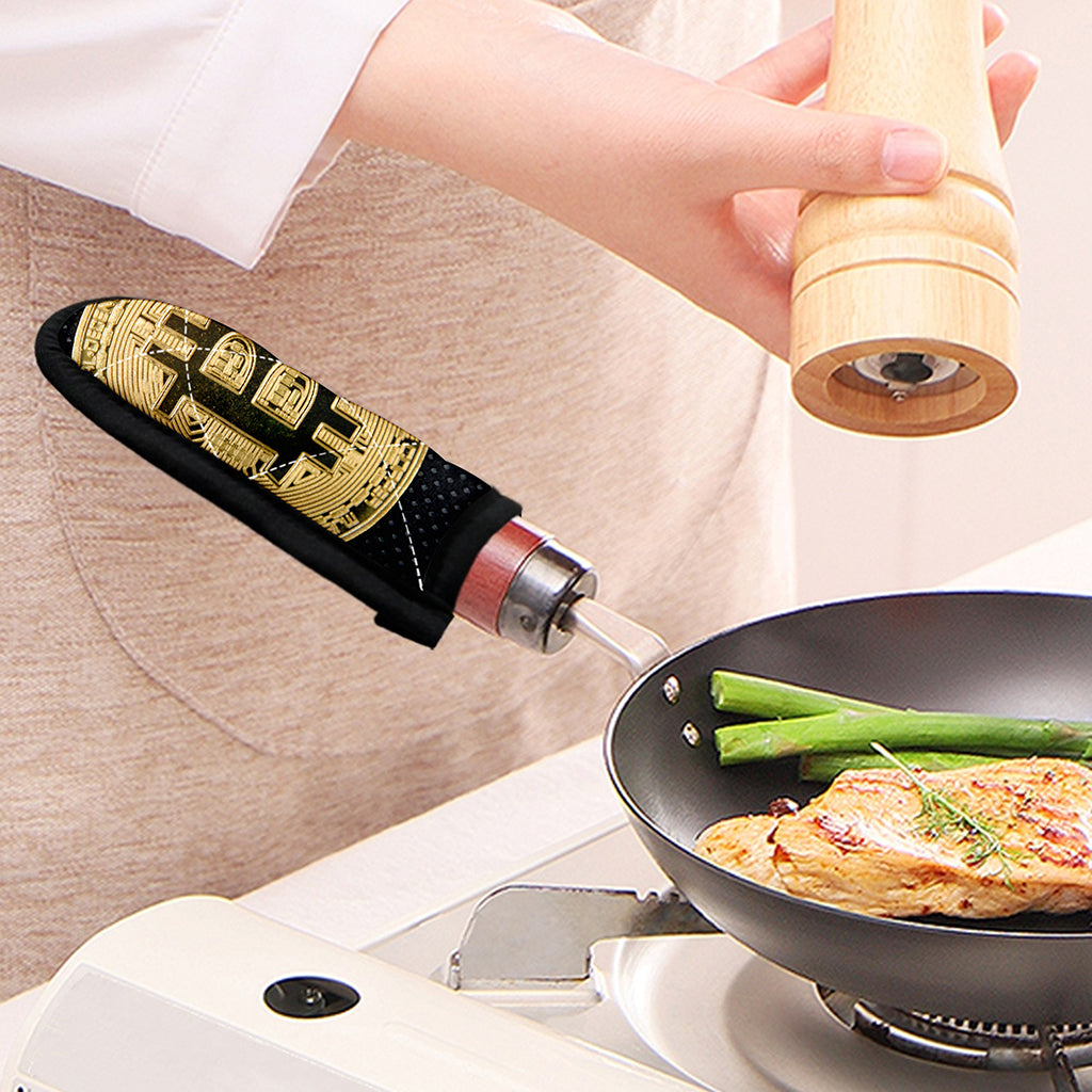 Gold Bitcoin Symbol Print Skillet Handle Cover