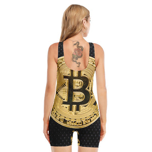 Gold Bitcoin Symbol Print Sleeveless One Piece Swimsuit