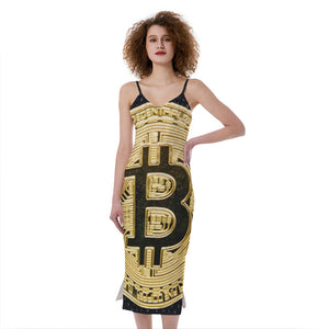 Gold Bitcoin Symbol Print Slim Fit Midi Cami Dress