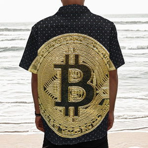 Gold Bitcoin Symbol Print Textured Short Sleeve Shirt