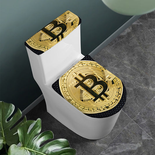 Gold Bitcoin Symbol Print Toilet Lid And Tank Cover Set