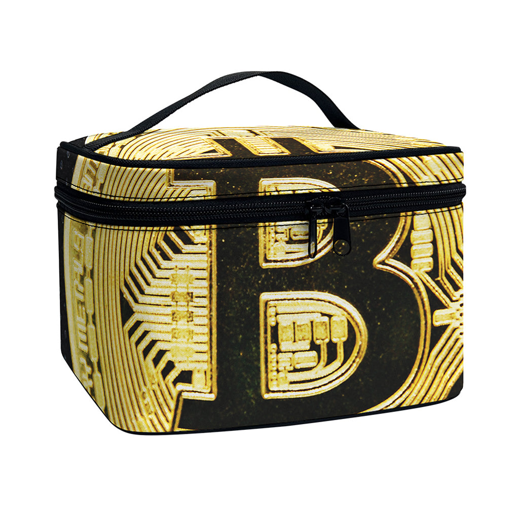 Gold Bitcoin Symbol Print Travel Makeup Bag