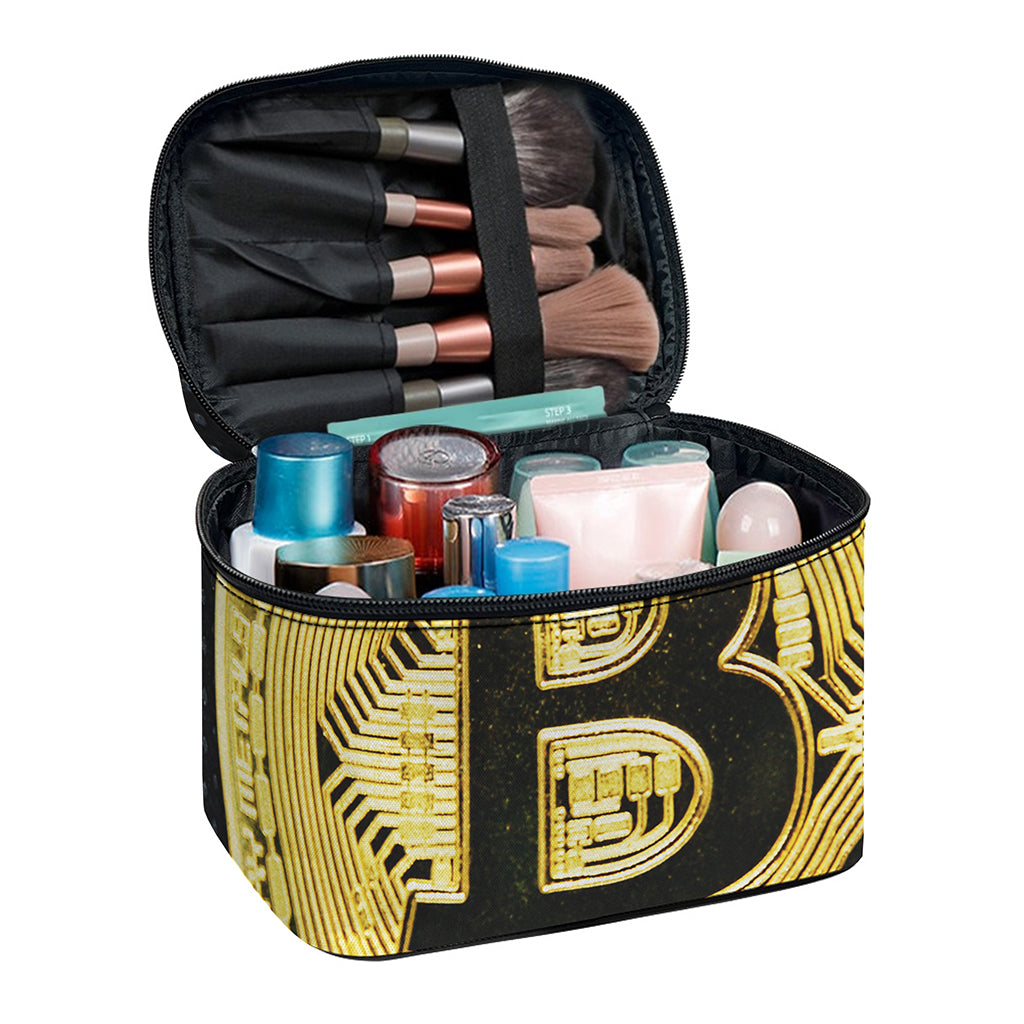Gold Bitcoin Symbol Print Travel Makeup Bag