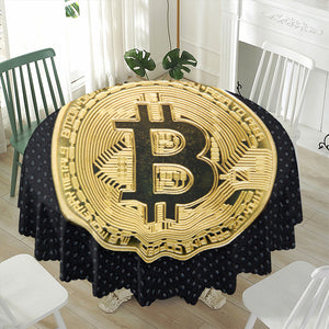 Gold Bitcoin Symbol Print Waterproof Round Tablecloth