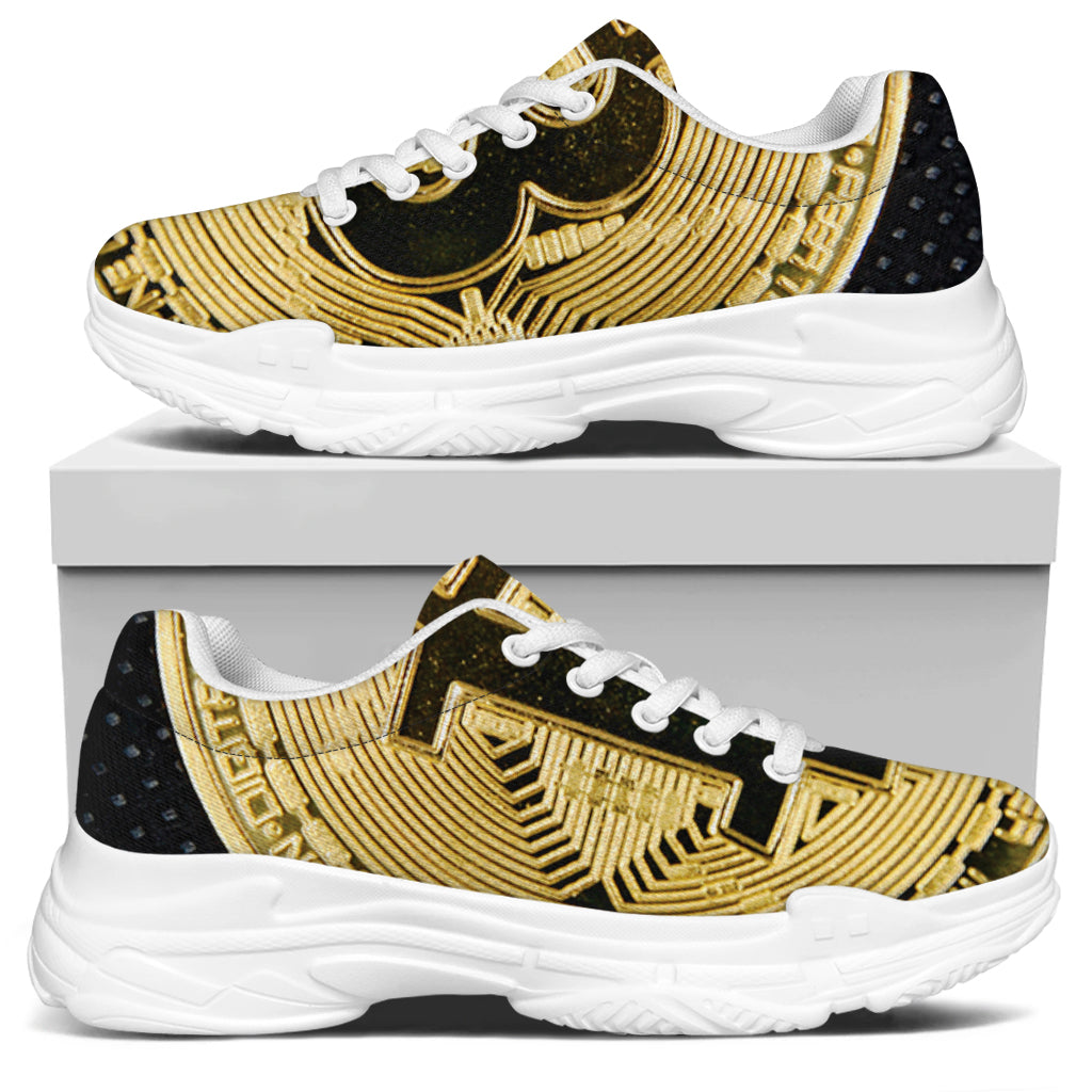 Gold Bitcoin Symbol Print White Chunky Shoes