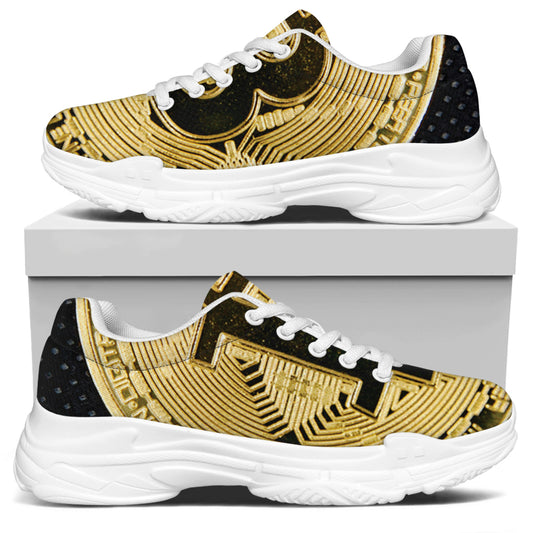 Gold Bitcoin Symbol Print White Chunky Shoes