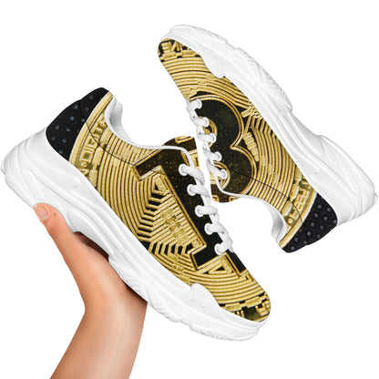 Gold Bitcoin Symbol Print White Chunky Shoes