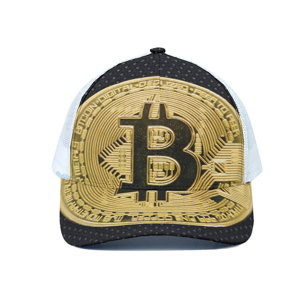 Gold Bitcoin Symbol Print White Mesh Trucker Cap