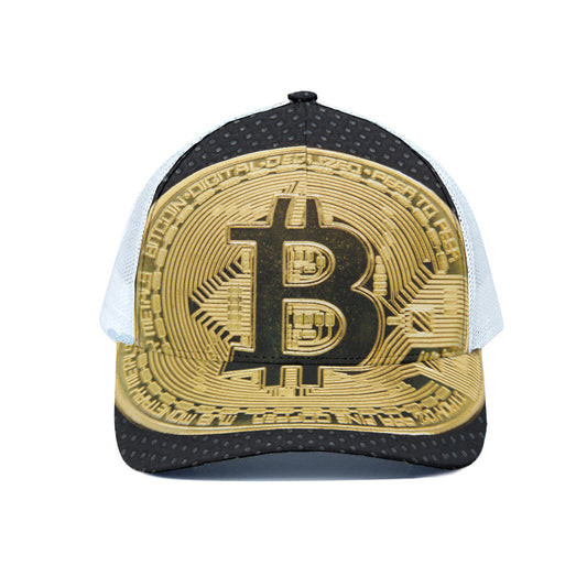 Gold Bitcoin Symbol Print White Mesh Trucker Cap