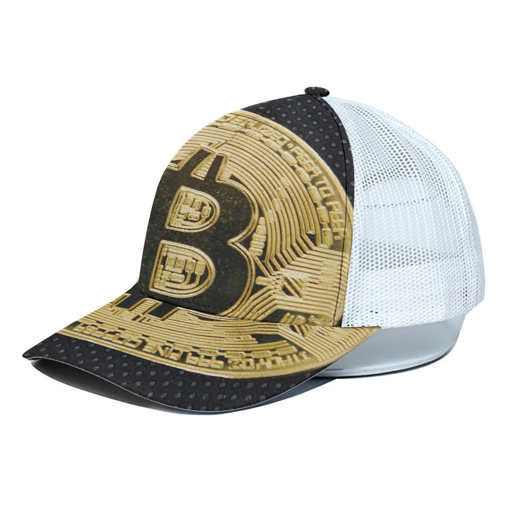 Gold Bitcoin Symbol Print White Mesh Trucker Cap