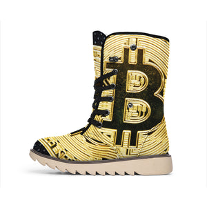 Gold Bitcoin Symbol Print Winter Boots