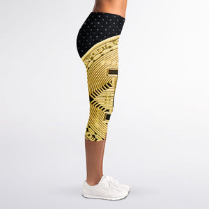 Gold Bitcoin Symbol Print Women's Capri Leggings