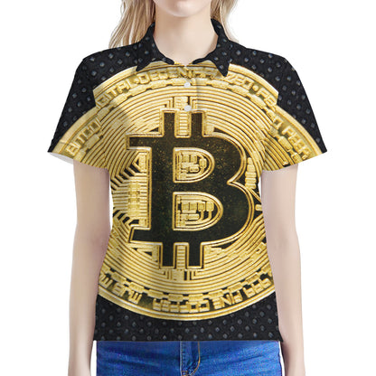 Gold Bitcoin Symbol Print Women's Polo Shirt