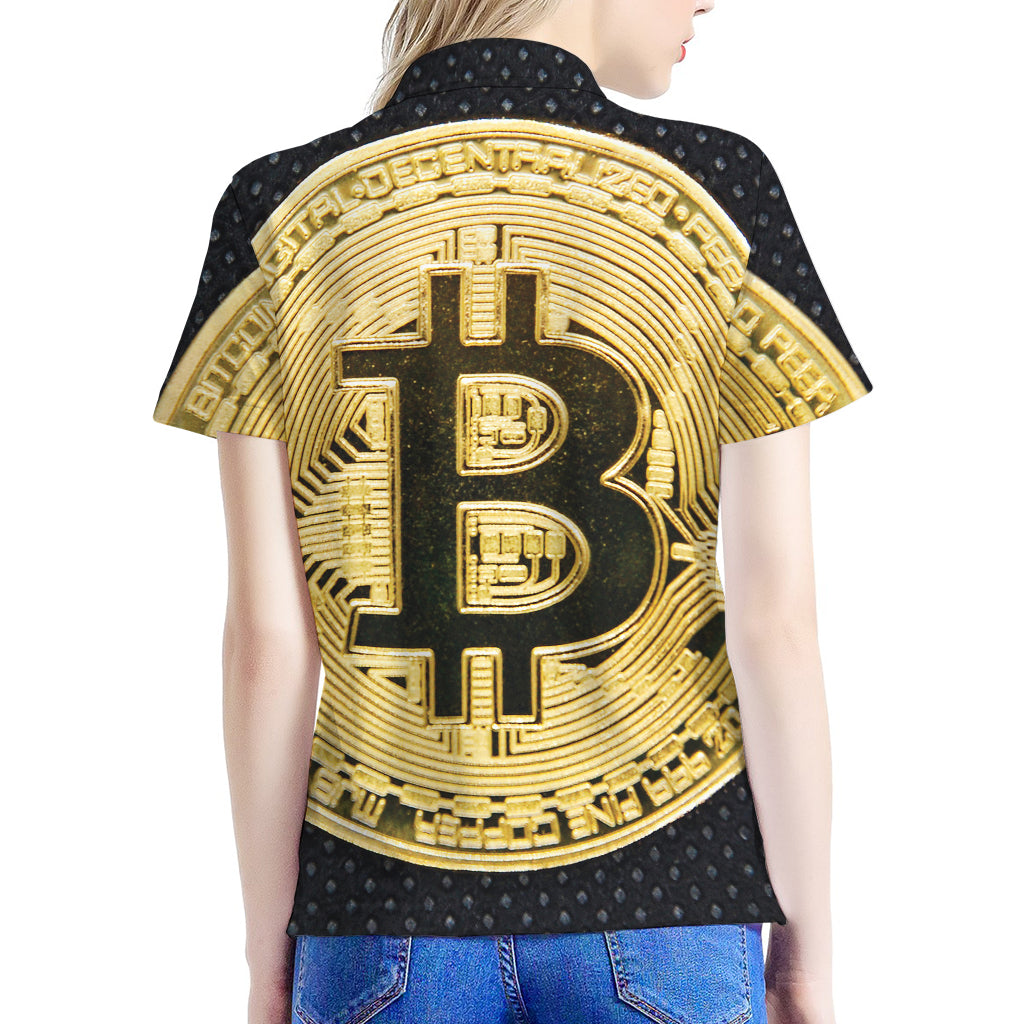 Gold Bitcoin Symbol Print Women's Polo Shirt