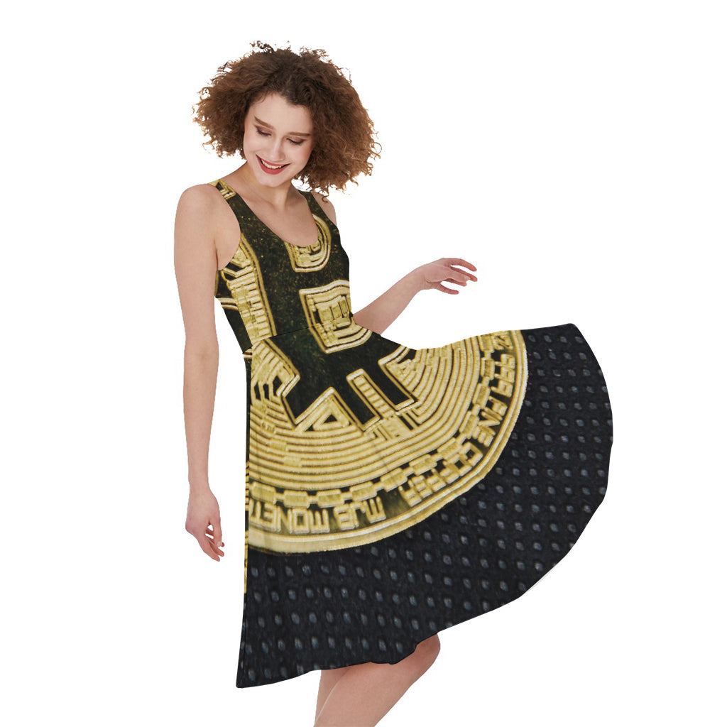 Gold Bitcoin Symbol Print Women's Sleeveless Dress