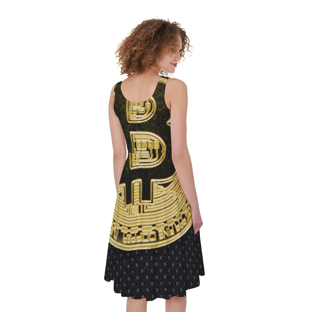 Gold Bitcoin Symbol Print Women's Sleeveless Dress