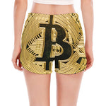 Gold Bitcoin Symbol Print Women's Split Running Shorts