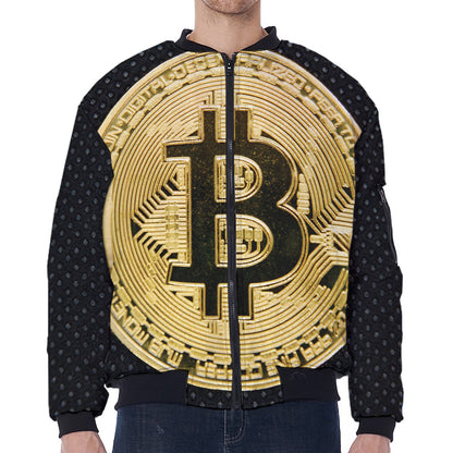 Gold Bitcoin Symbol Print Zip Sleeve Bomber Jacket