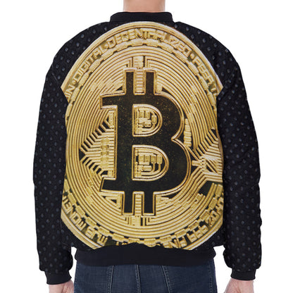 Gold Bitcoin Symbol Print Zip Sleeve Bomber Jacket