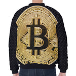 Gold Bitcoin Symbol Print Zip Sleeve Bomber Jacket