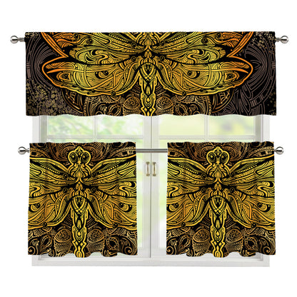Gold Boho Dragonfly Print 3 Piece Kitchen Curtains