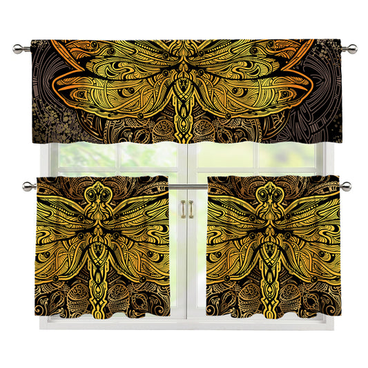 Gold Boho Dragonfly Print 3 Piece Kitchen Curtains