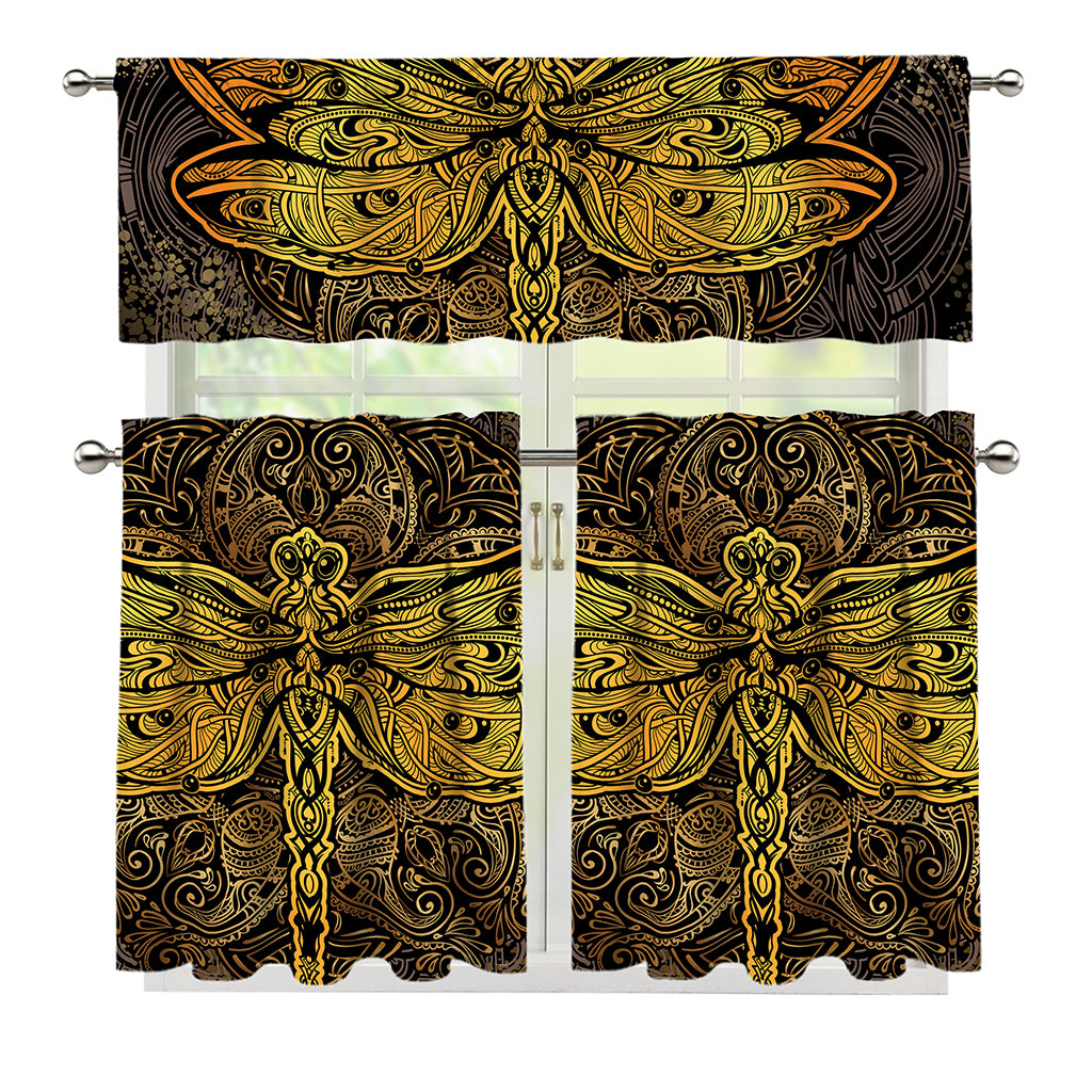 Gold Boho Dragonfly Print 3 Piece Kitchen Curtains