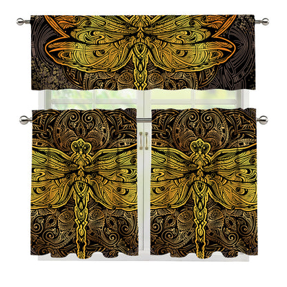 Gold Boho Dragonfly Print 3 Piece Kitchen Curtains