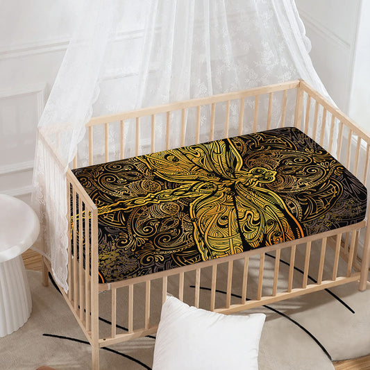 Gold Boho Dragonfly Print Baby Crib Sheet