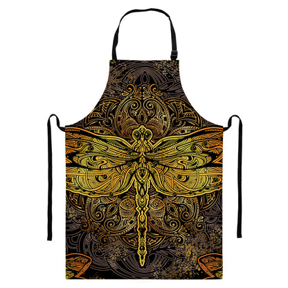 Gold Boho Dragonfly Print Bib Apron With Pocket