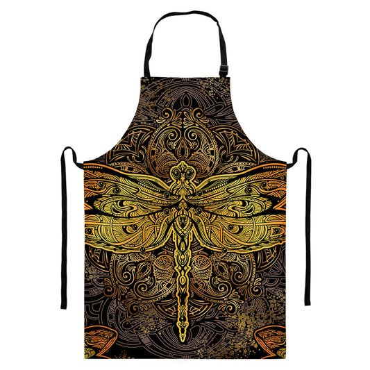 Gold Boho Dragonfly Print Bib Apron With Pocket