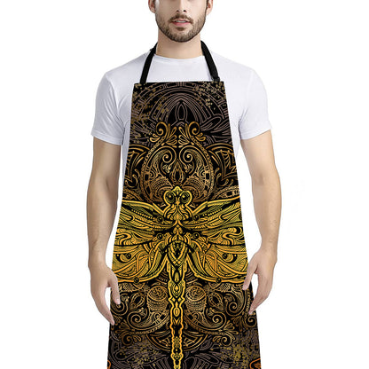 Gold Boho Dragonfly Print Bib Apron With Pocket
