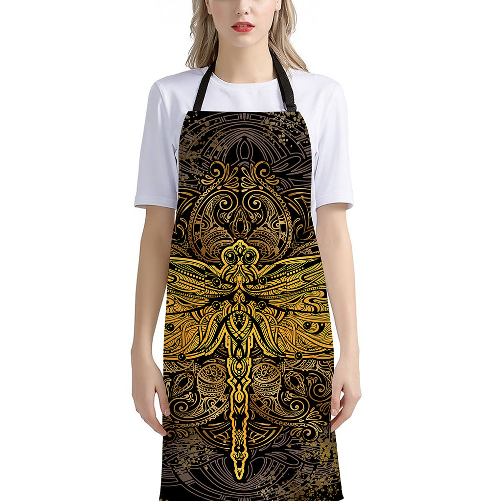 Gold Boho Dragonfly Print Bib Apron With Pocket