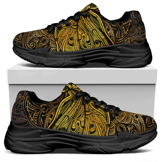 Gold Boho Dragonfly Print Black Chunky Shoes
