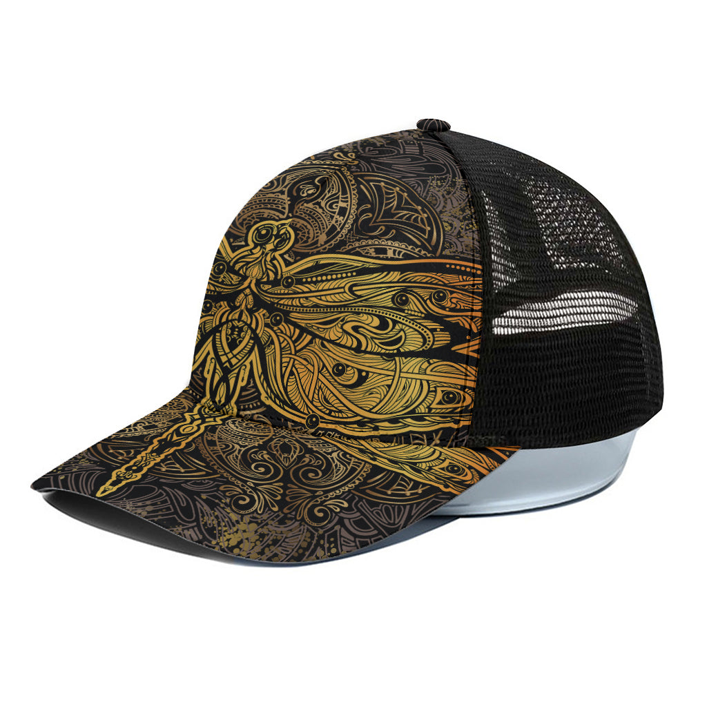 Gold Boho Dragonfly Print Black Mesh Trucker Cap
