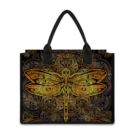 Gold Boho Dragonfly Print Canvas Tote Bag
