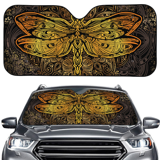Gold Boho Dragonfly Print Car Windshield Sun Shade
