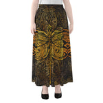Gold Boho Dragonfly Print Chiffon Maxi Skirt