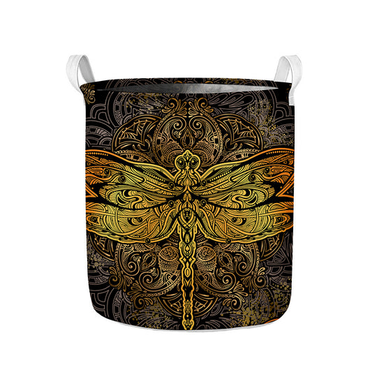 Gold Boho Dragonfly Print Collapsible Laundry Basket