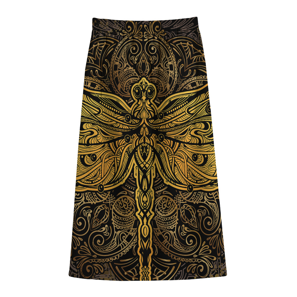 Gold Boho Dragonfly Print Cotton Front Slit Maxi Skirt