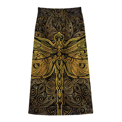 Gold Boho Dragonfly Print Cotton Front Slit Maxi Skirt