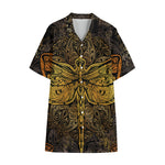Gold Boho Dragonfly Print Cotton Hawaiian Shirt