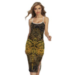 Gold Boho Dragonfly Print Cross Back Cami Dress
