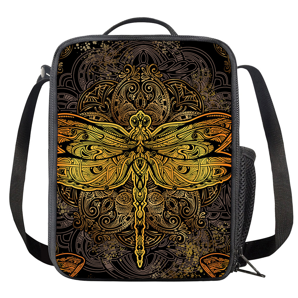 Gold Boho Dragonfly Print Crossbody Lunch Bag
