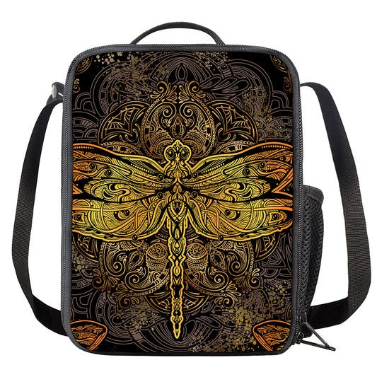 Gold Boho Dragonfly Print Crossbody Lunch Bag