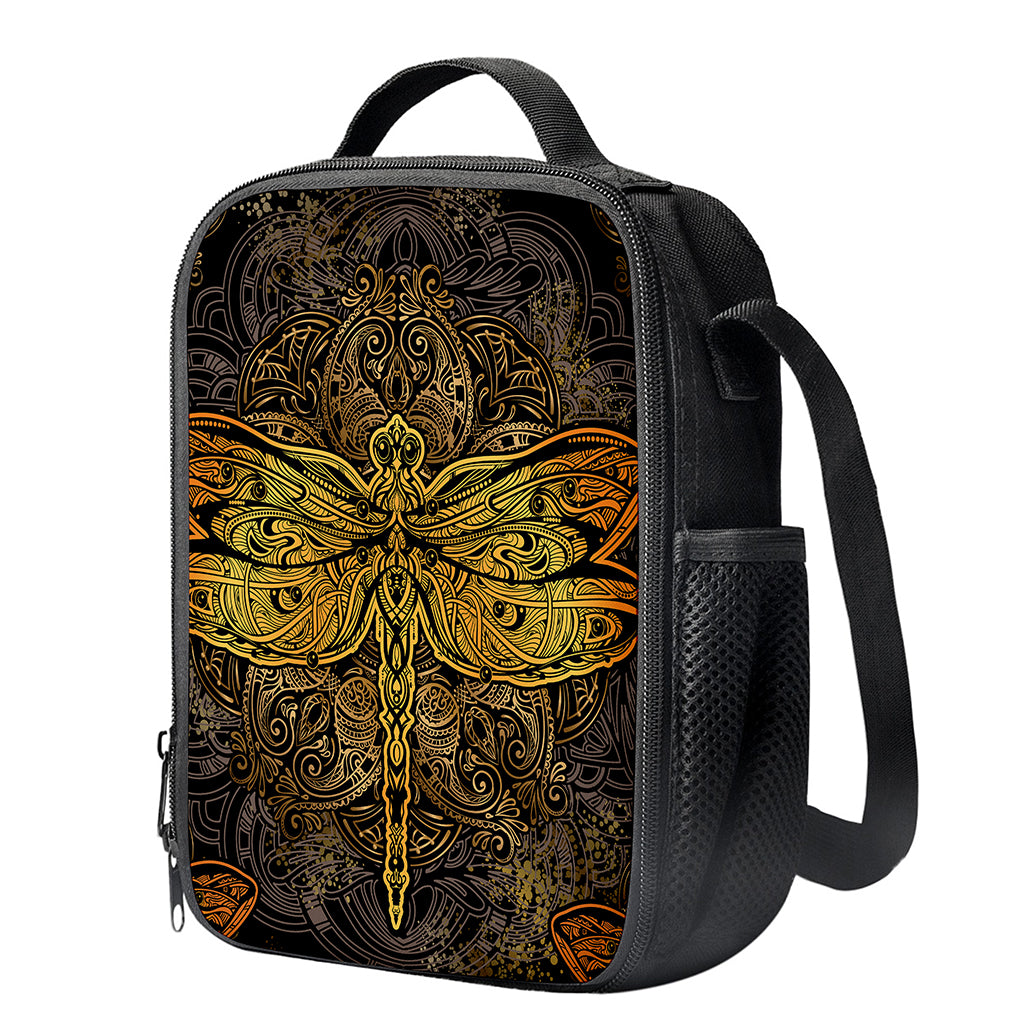 Gold Boho Dragonfly Print Crossbody Lunch Bag
